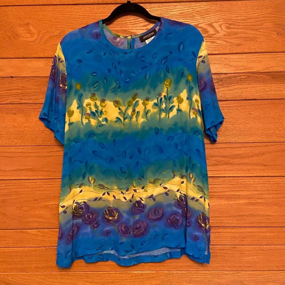Vintage 90s amyjess rayon blue green purple yellow floral tie dye top